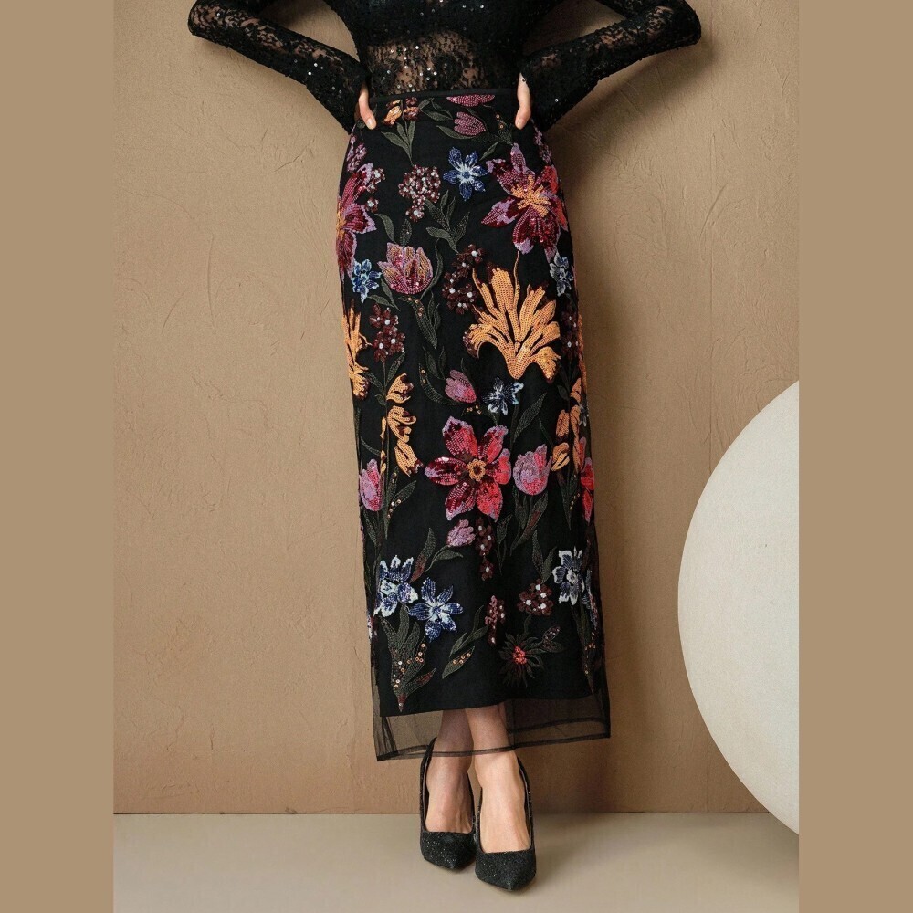 Black Sparkle Multicolor Floral Patterned Mesh Overlay Maxi Skirt